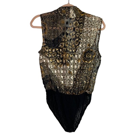 Cache Bodysuit Vintage 10 Black Gold Animal Print Floral Sleeveless Plunge Neck - Picture 5 of 15
